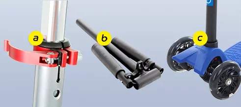 ישנם מתכווננים a, מתקפלים b וכידון נשלף c, מה שמקל על הובלת הקורקינט.